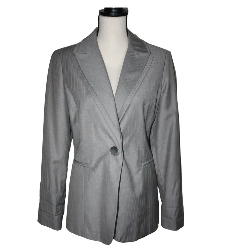 Signature by Larry Levine 8 Women's Blazer Double Gray Teal Stripes One Button